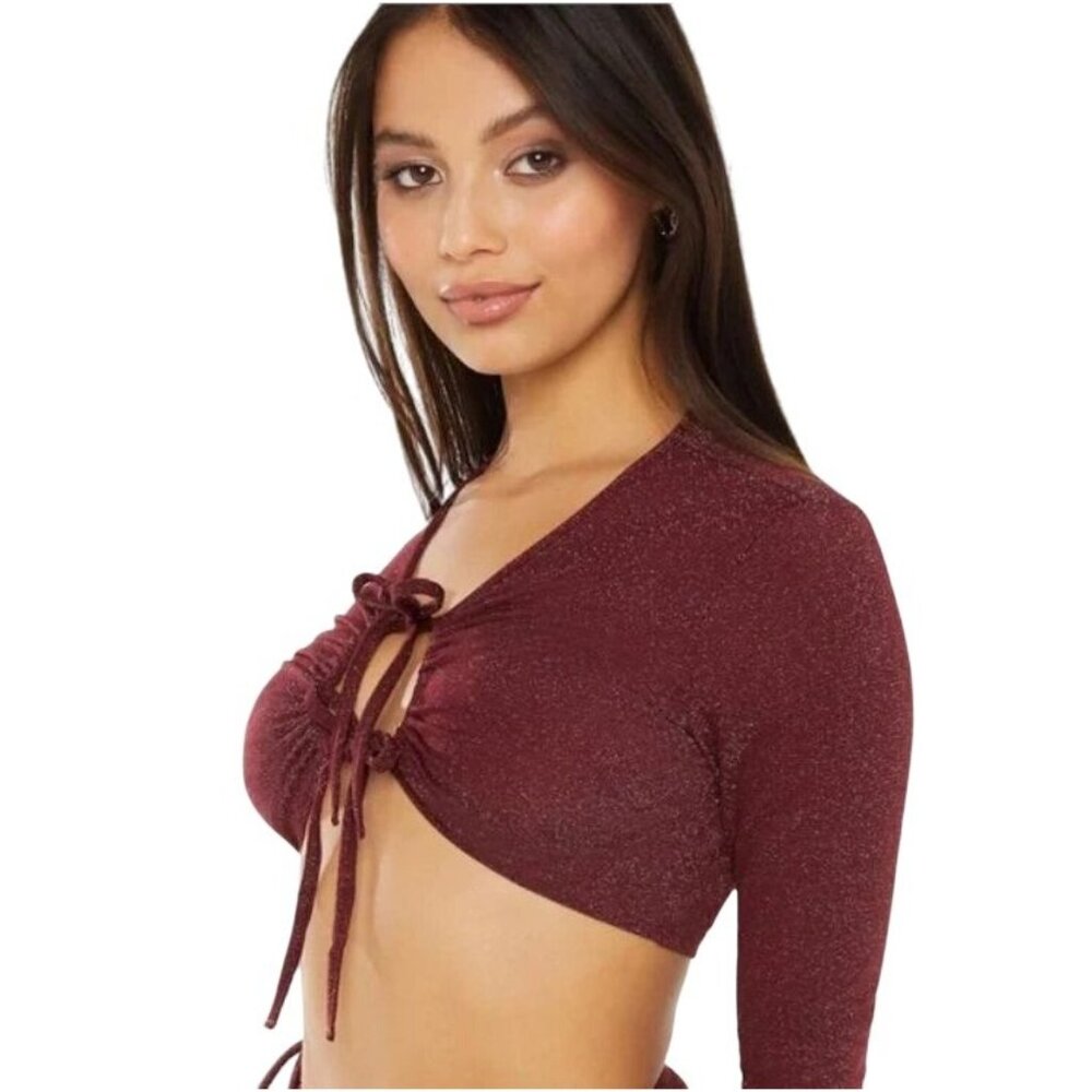 Savage Fenty Burgundy Sleep & Shine long sleeve cropped tee 3X NEW Coquette - Picture 2 of 9